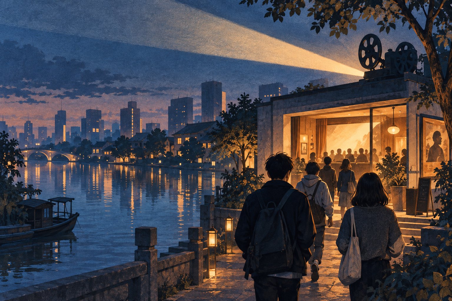 青年观众沿暮色河岸走向暖光影院的概念插画，非活动现场