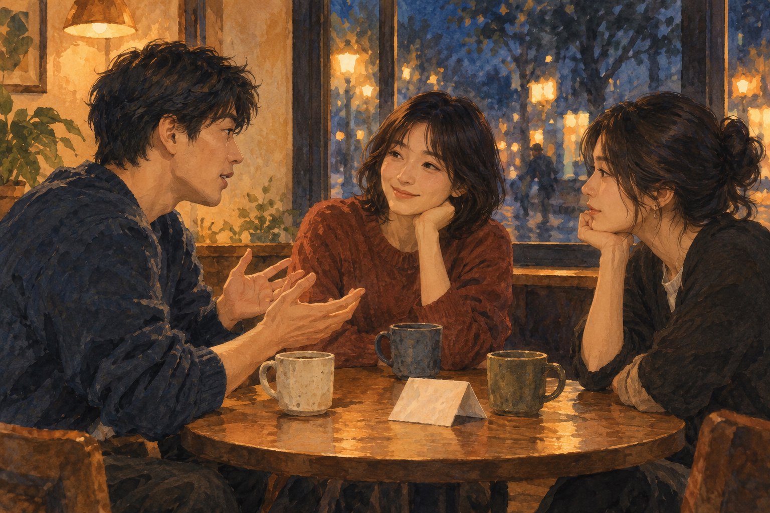 三位朋友在夜晚的咖啡店窗边围桌交流观影感受的概念插画