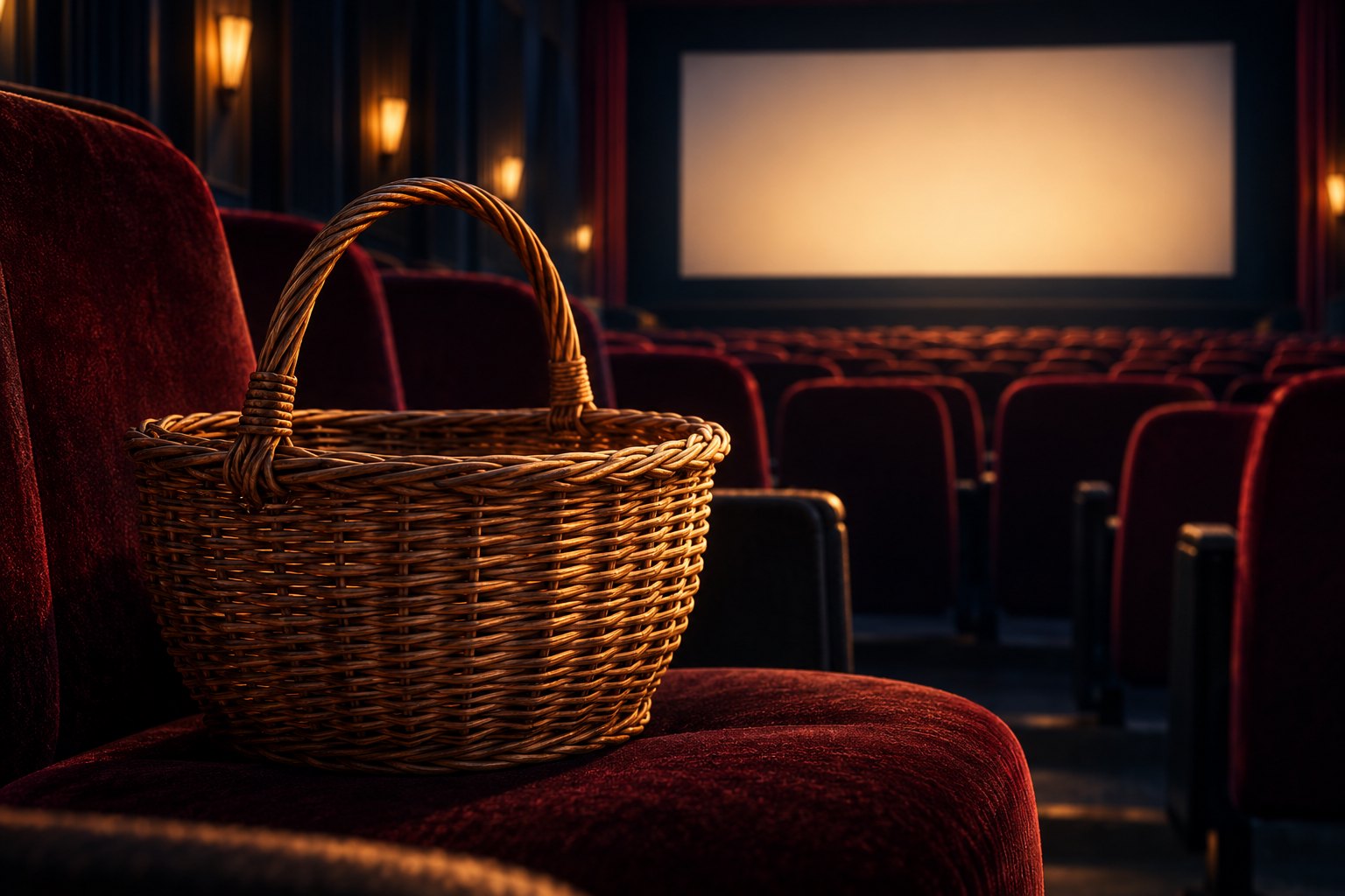 A woven willow basket rests on a burgundy cinema seat facing a softly glowing blank screen.