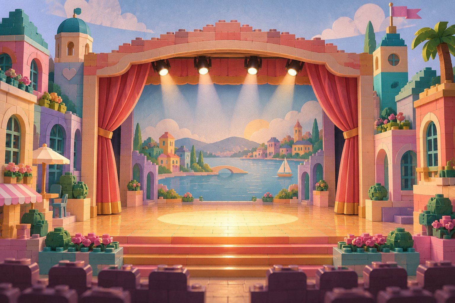 Conceptual illustration of a pastel toy-brick city surrounding an empty theater stage illuminated by warm spotlights.