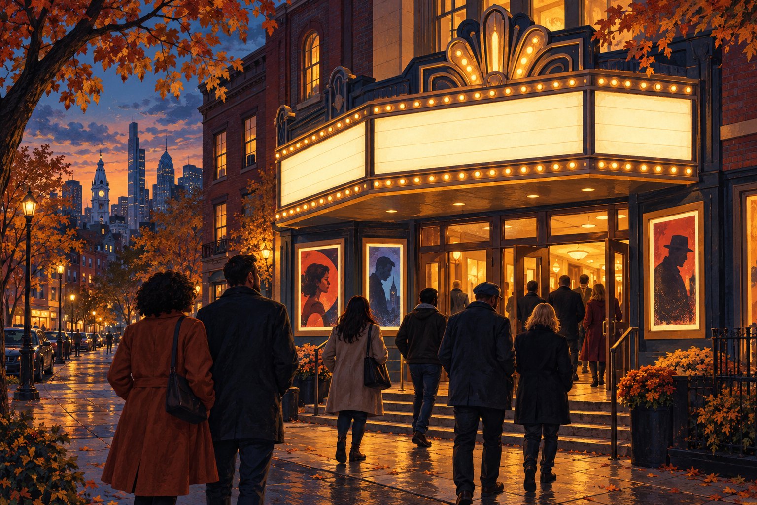 Original illustration of moviegoers approaching an imagined Philadelphia neighborhood cinema beneath autumn trees at dusk.