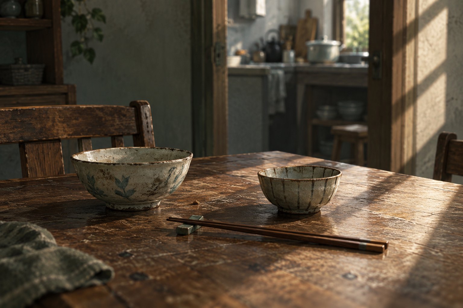 木桌上的陶碗、筷子与门框光影概念插画,展示场景生活细节,非影片剧照