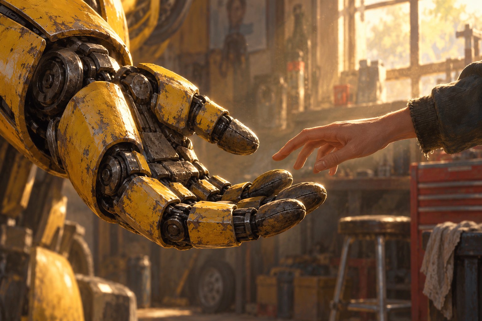 Conceptual illustration of a human hand reaching toward a weathered yellow robot’s open palm in a sunlit garage.