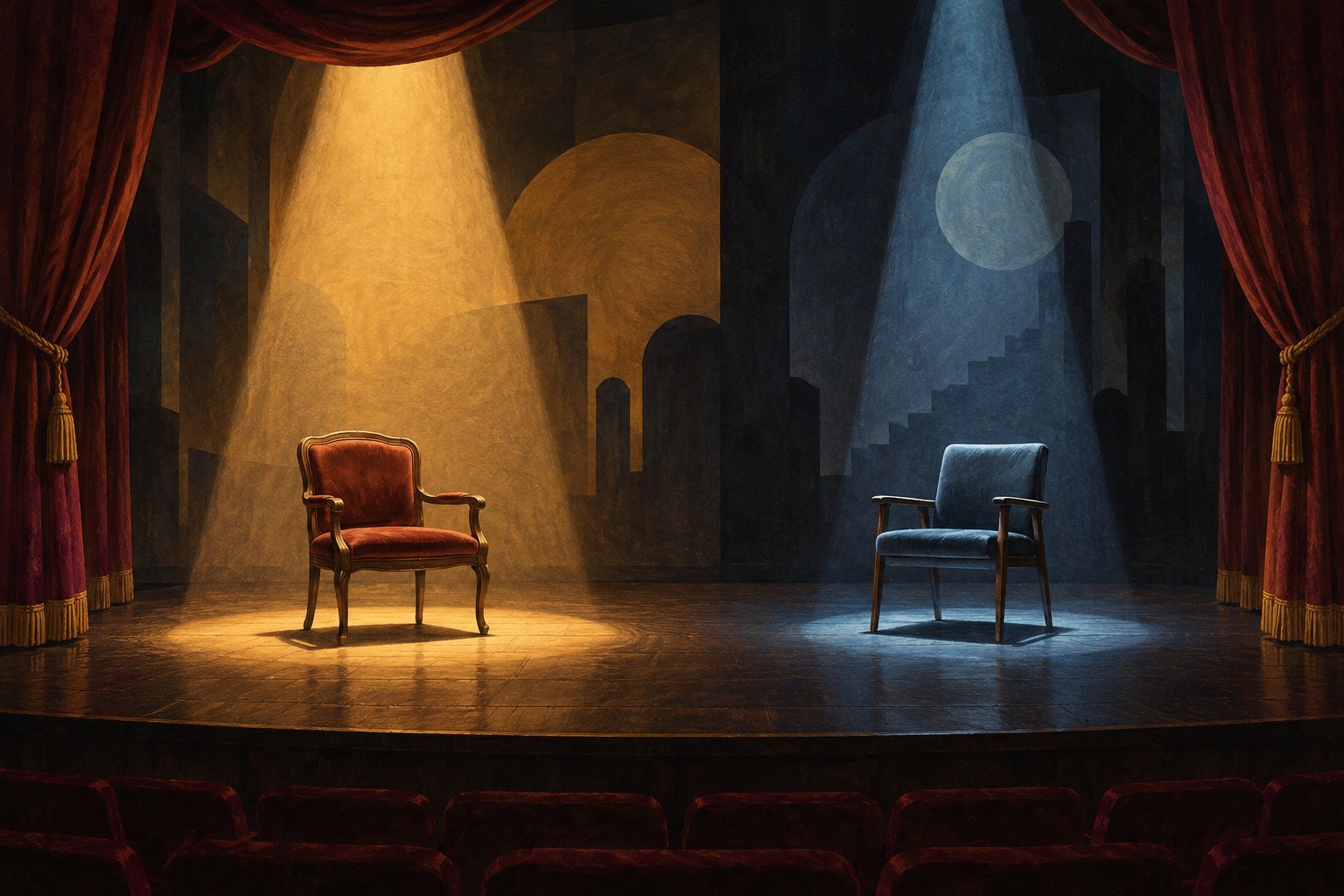 Conceptual illustration of two empty theater chairs under separate amber and blue spotlights.