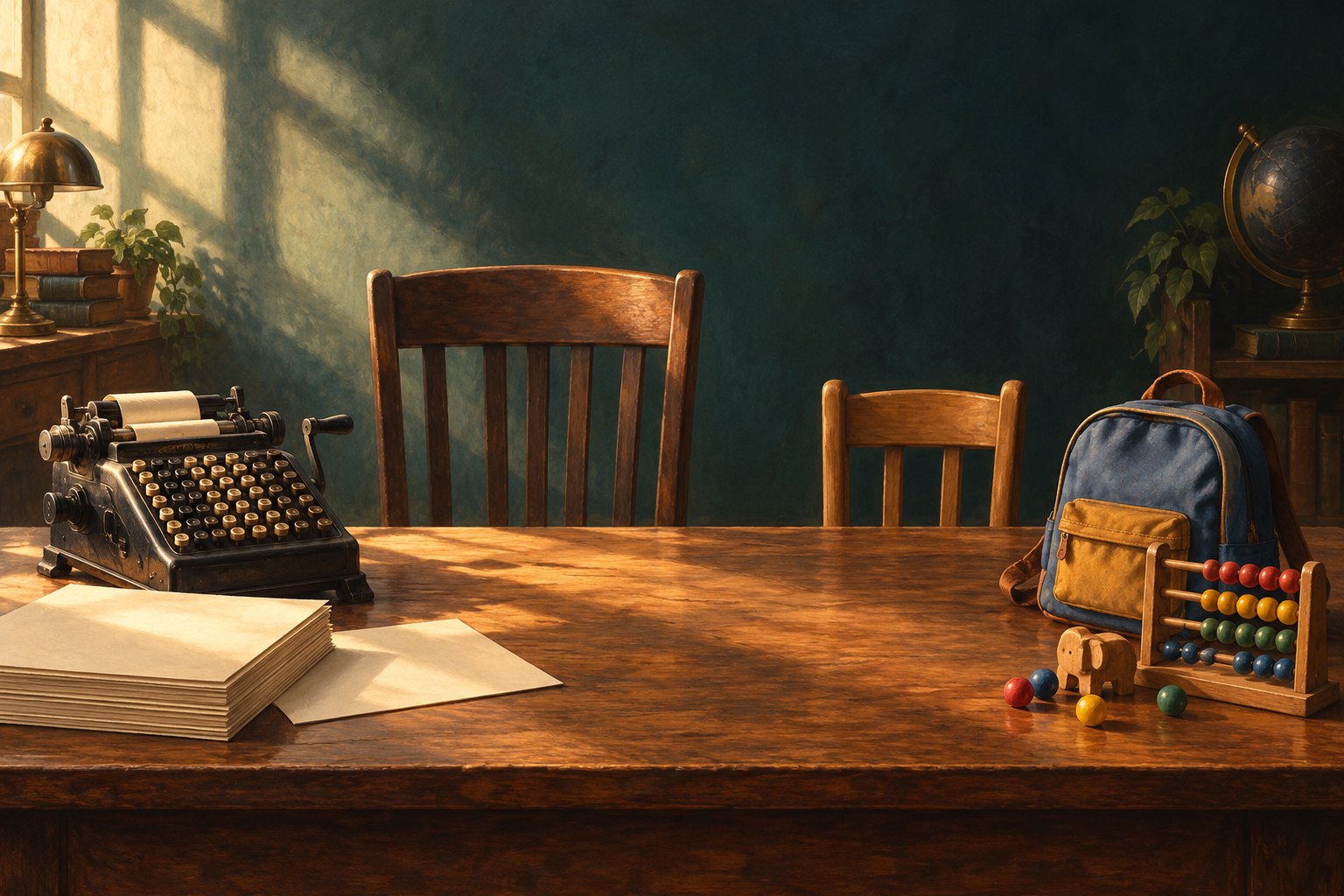 Conceptual illustration of a vintage calculator, blank papers, a child's backpack, and counting beads beside two differently sized chairs.