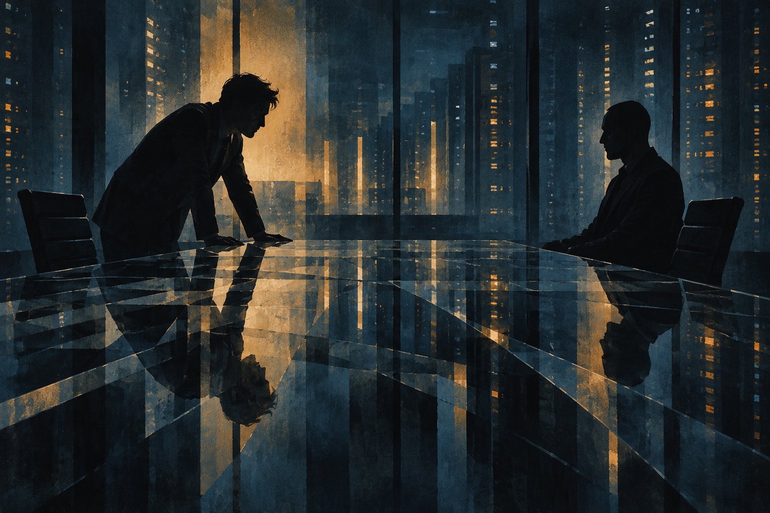Conceptual illustration of two silhouetted men facing each other across a reflective glass conference table.