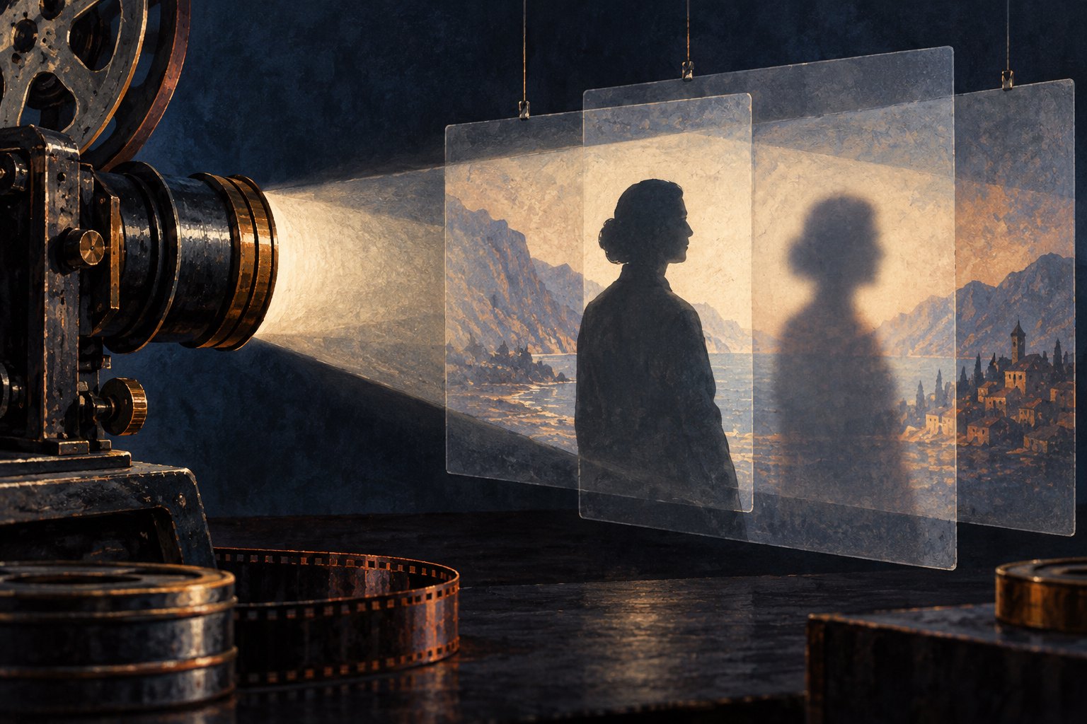 Conceptual illustration of a vintage projector illuminating two silhouettes across overlapping translucent screens.