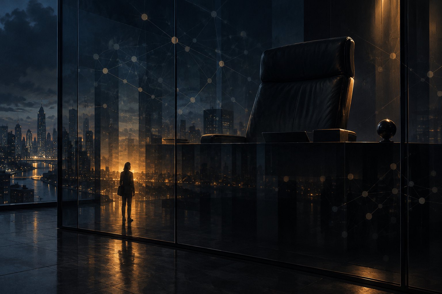 Conceptual illustration of an imposing executive chair behind glass, with network patterns and a small figure illuminated in amber.