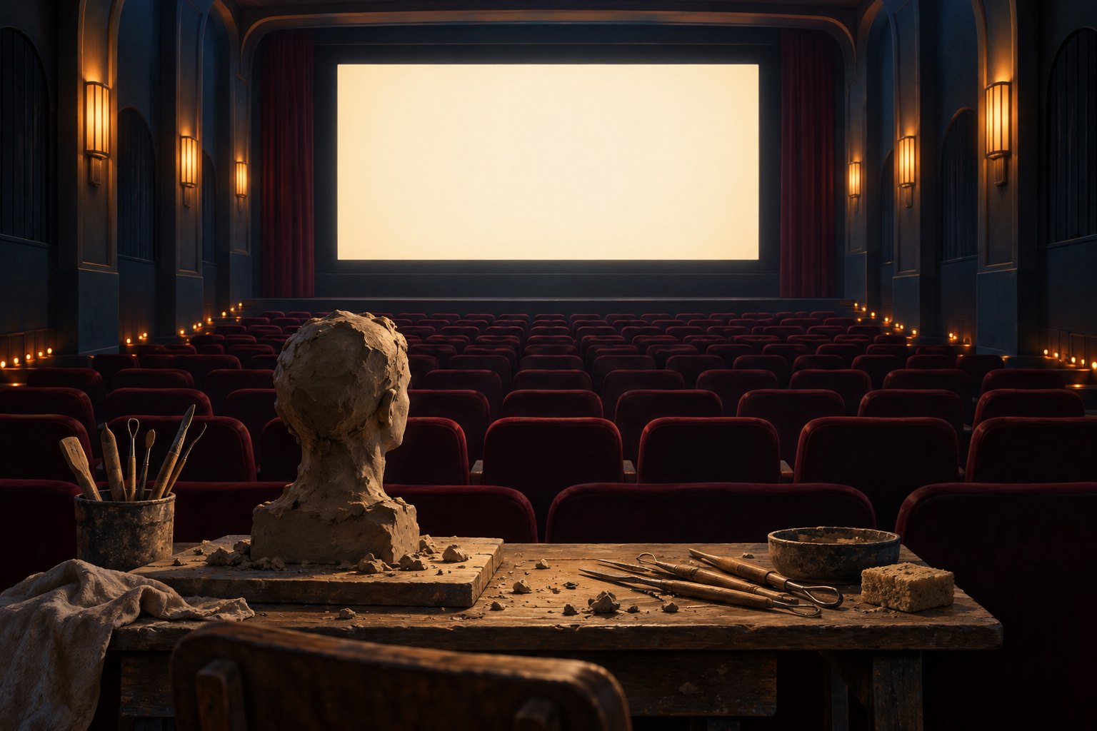 Conceptual illustration of an unfinished clay bust and sculpting tools facing a blank screen in an empty movie theater.