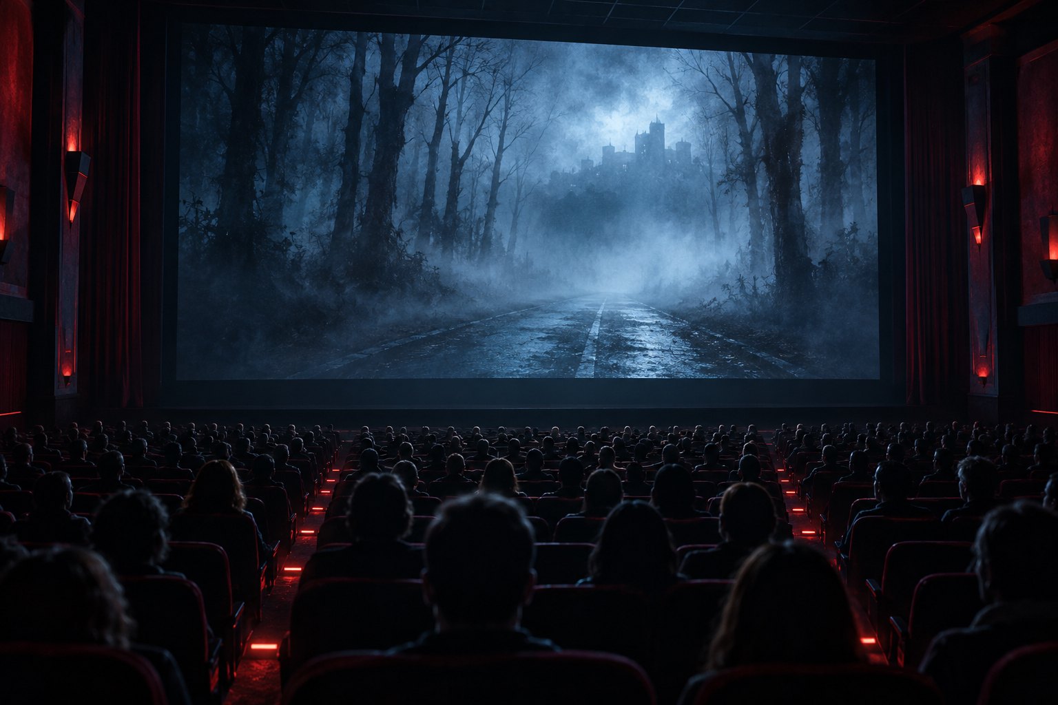Concept illustration of a crowded movie theater watching a foggy forest road beneath a distant castle.