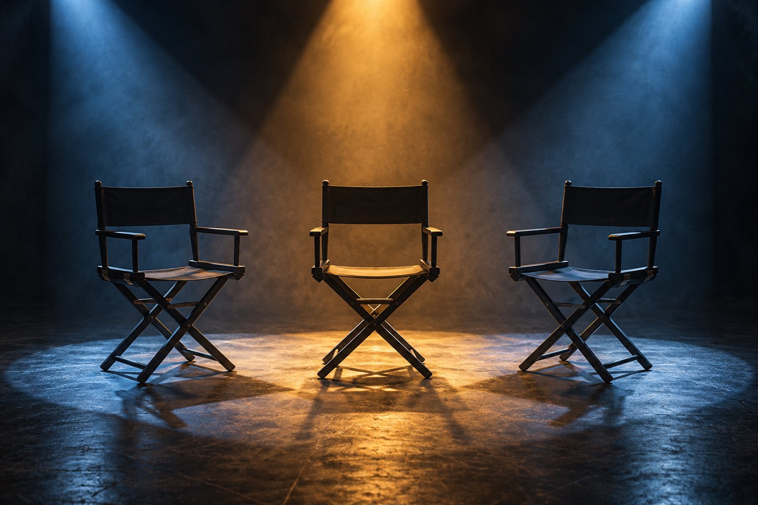 Conceptual illustration of three empty actors’ chairs beneath overlapping amber and blue studio lights.