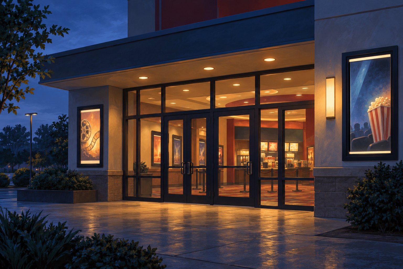 Conceptual illustration of a warmly lit cinema entrance at dusk, not the Wallingford incident location.