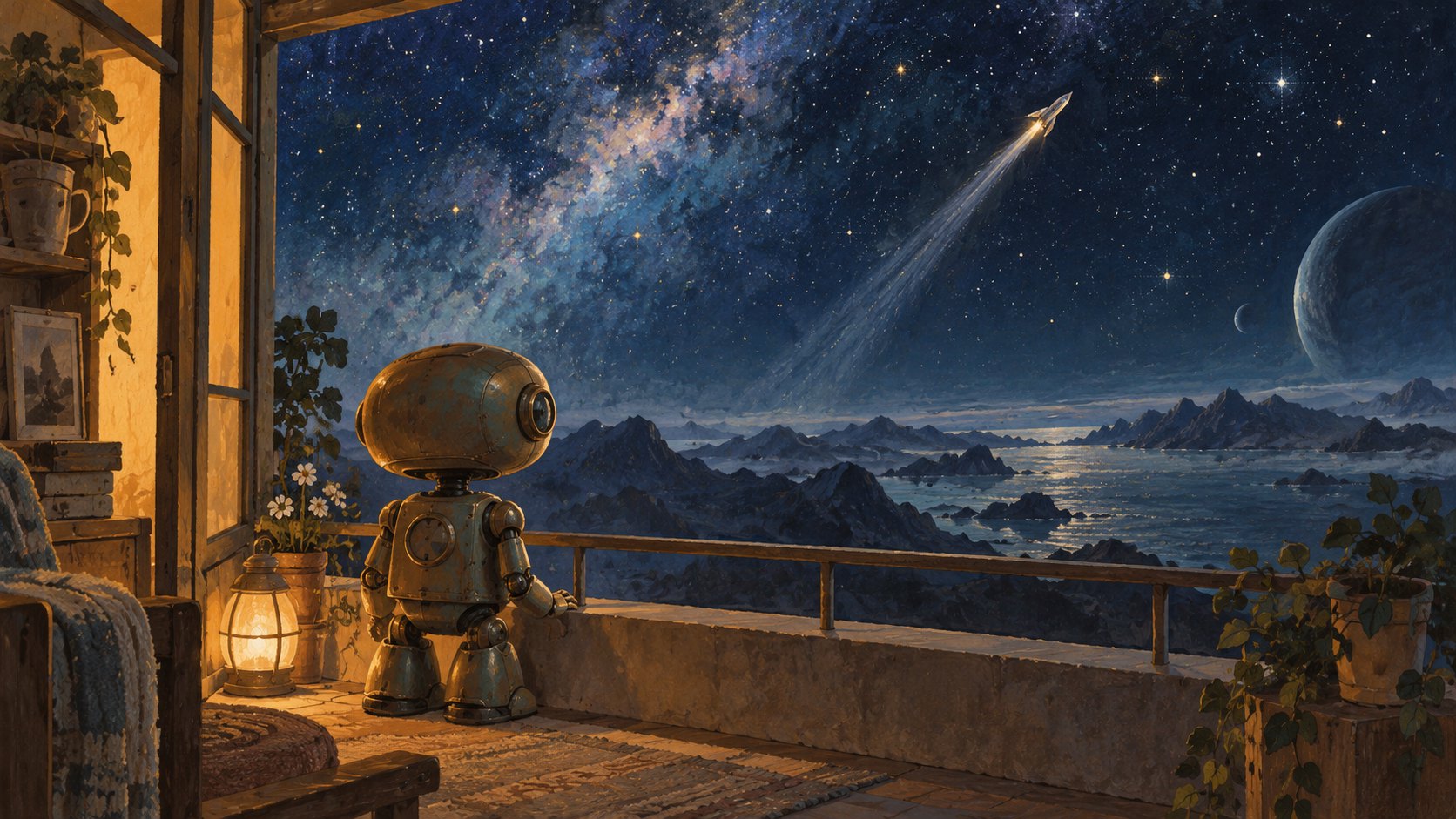 守護機器人在暖光陽台目送太空船飛向星空的原創概念插畫,非電影劇照