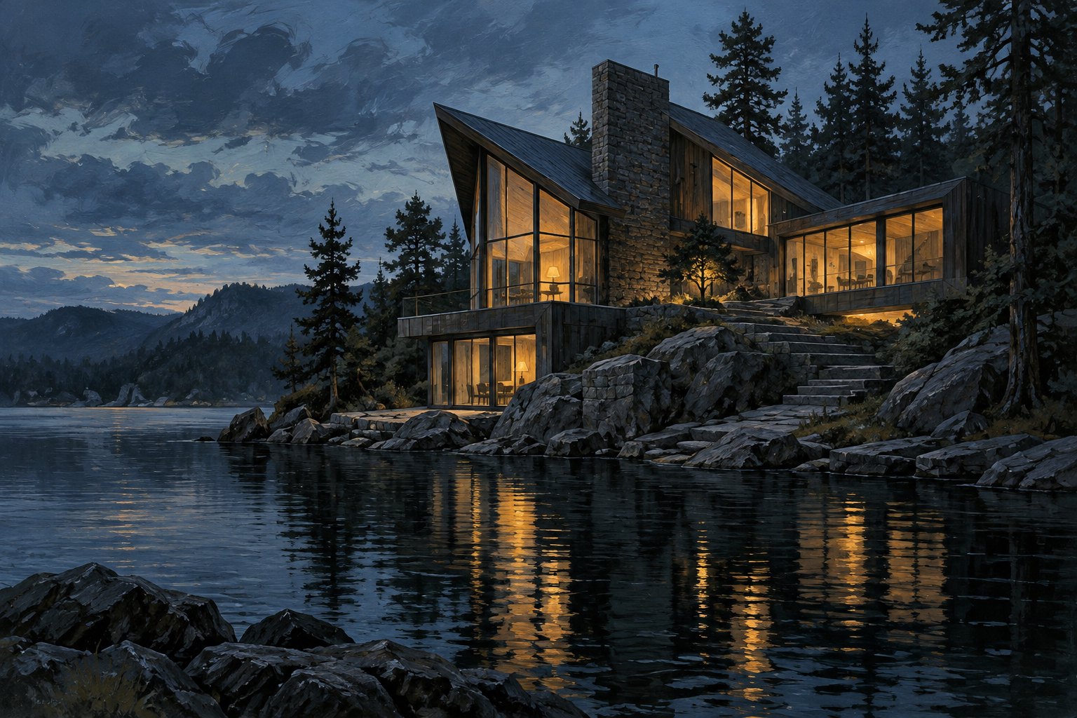 Concept illustration of an angular timber-and-stone house overlooking a dark lake, with warm windows glowing beneath a blue evening sky.