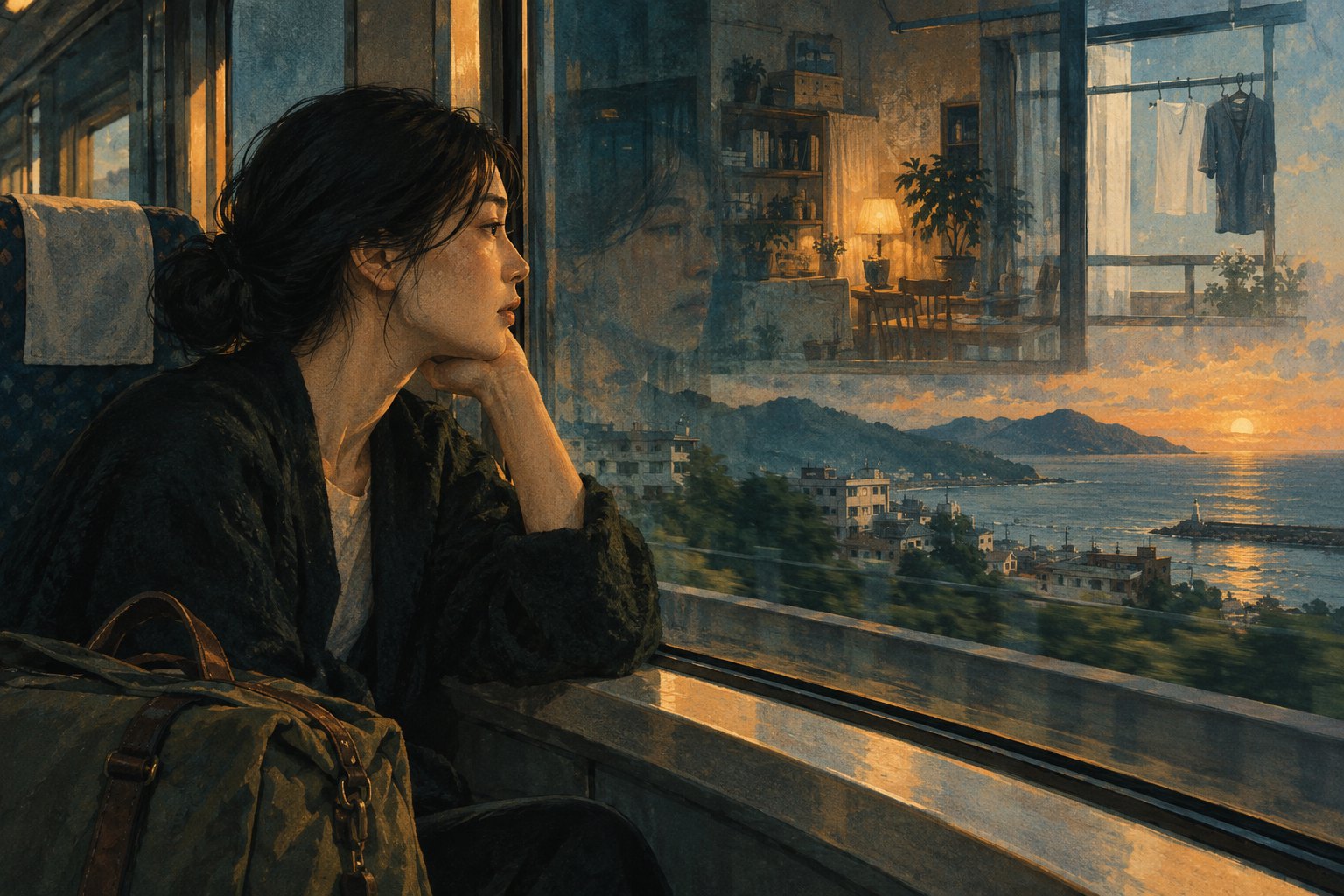 原創概念插畫:女子坐在列車窗邊,望向交疊著住家窗影與遠方景色的玻璃