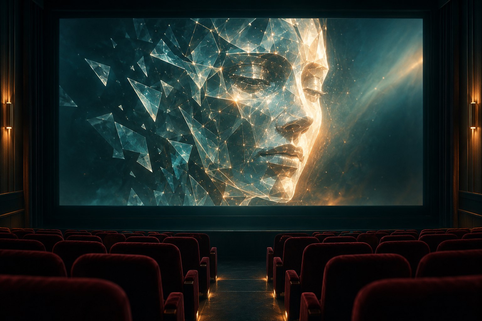 Conceptual illustration of a faceted digital face glowing on a movie screen above rows of empty theater seats.