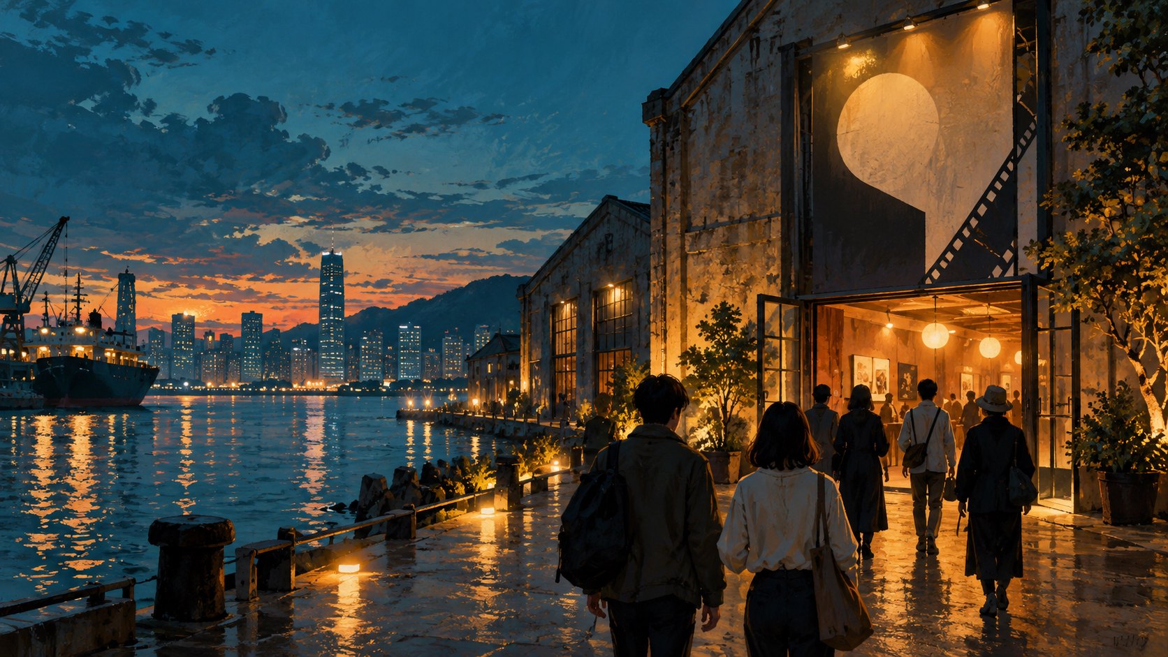 暮色中的港邊映演空間亮起暖光,影迷沿著水岸前往入口的情境插畫