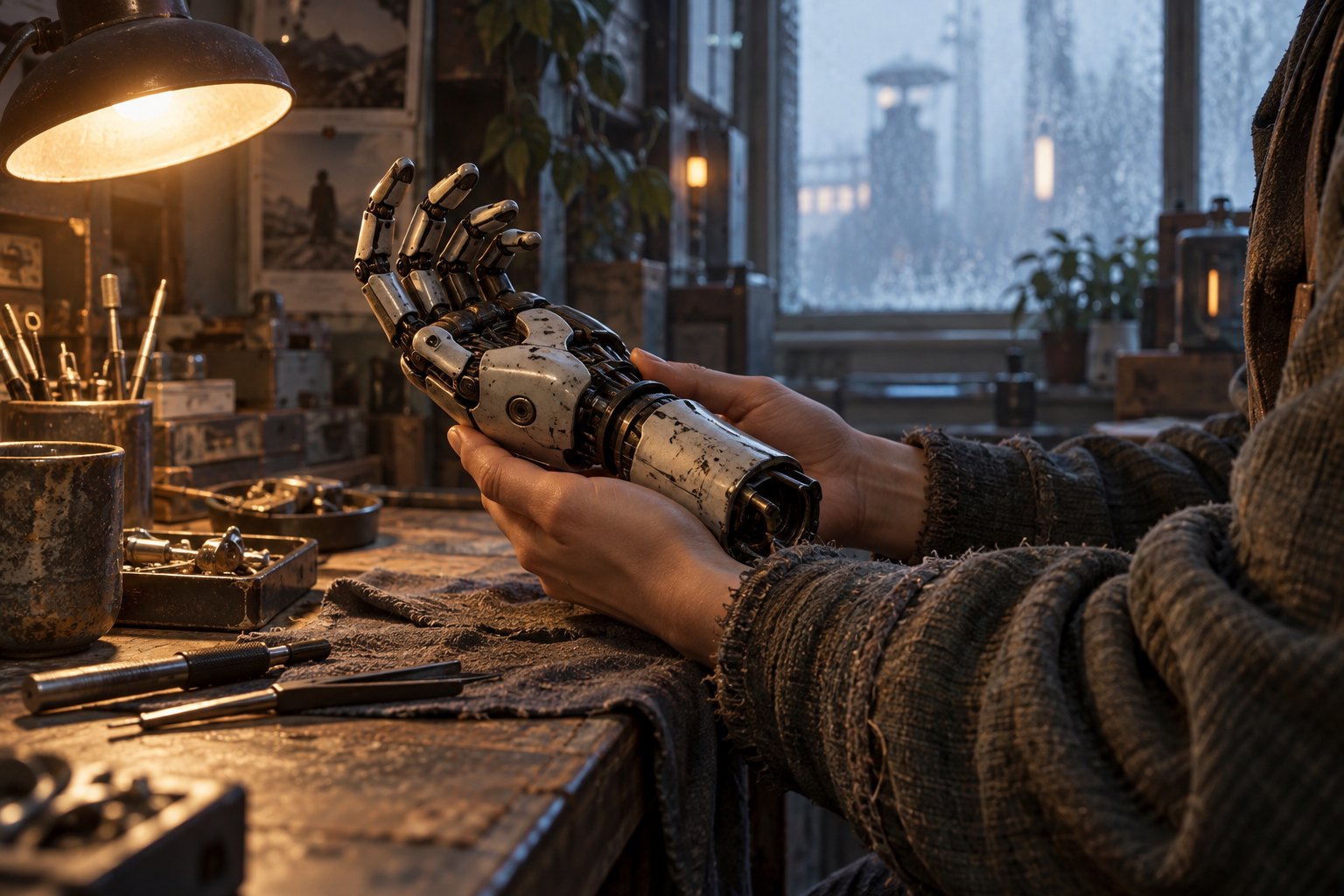Concept illustration of a person holding a mechanical hand above a worn workbench under a warm desk lamp.