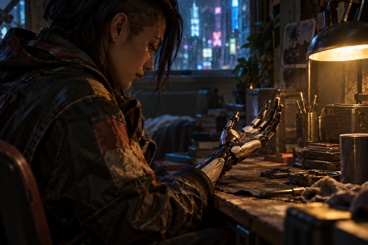 Concept illustration of a person examining an articulated prosthetic hand beneath a warm work lamp.