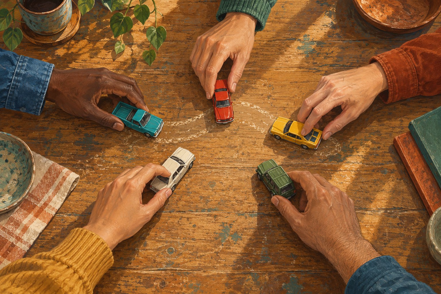 An overhead illustration shows five adult hands arranging colorful miniature cars together on a worn wooden table.