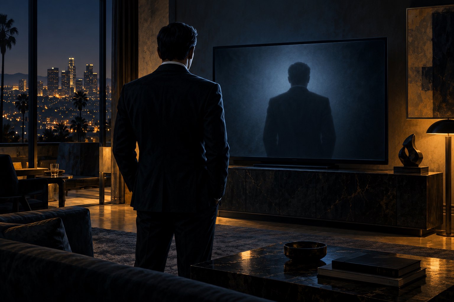 Conceptual illustration of a suited man facing a glowing television in a dark room overlooking city lights.