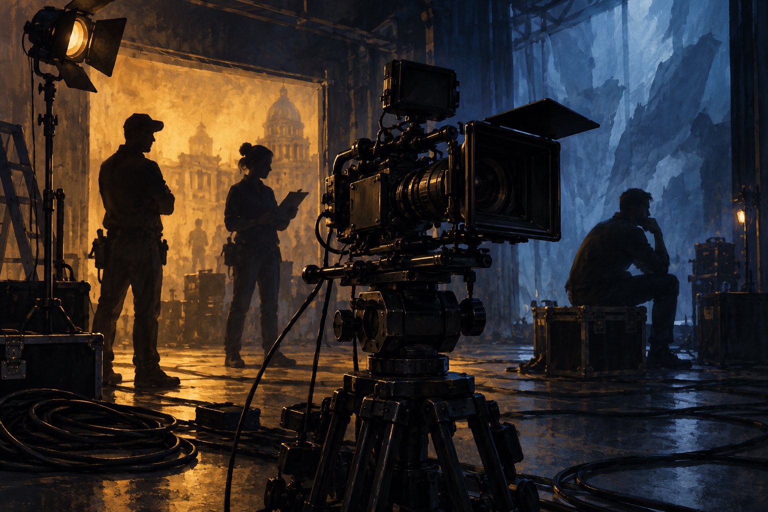 Conceptual illustration of a cinema camera and three crew members on a soundstage divided by warm and cool light.
