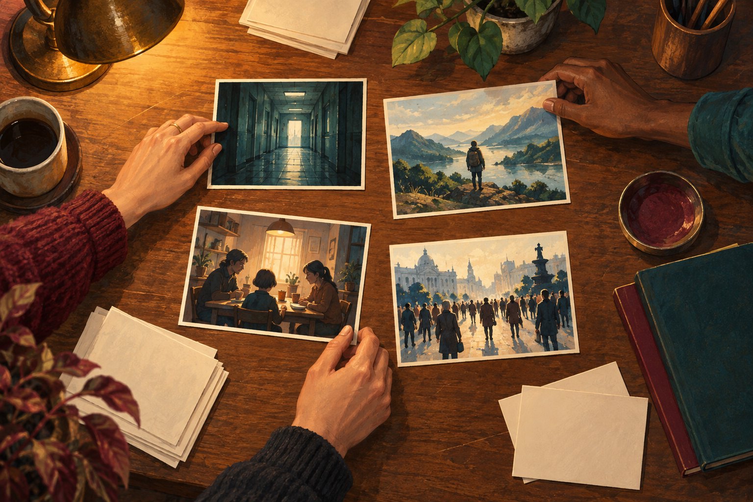 Illustration of hands arranging cinematic images of an eerie corridor, a family, a traveler, and a public square.
