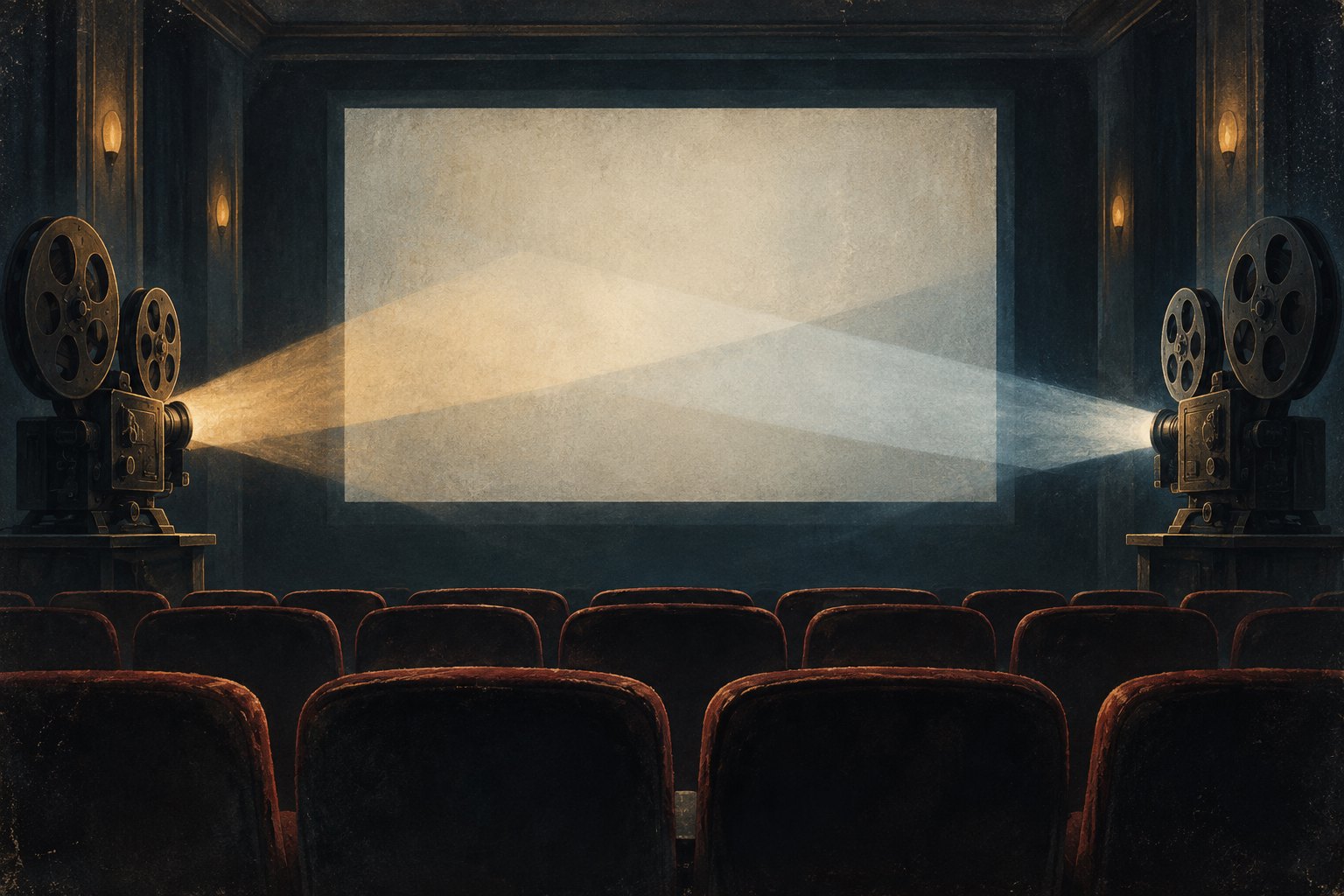 Conceptual illustration of two movie projectors casting overlapping beams toward a blank screen in an empty theater.