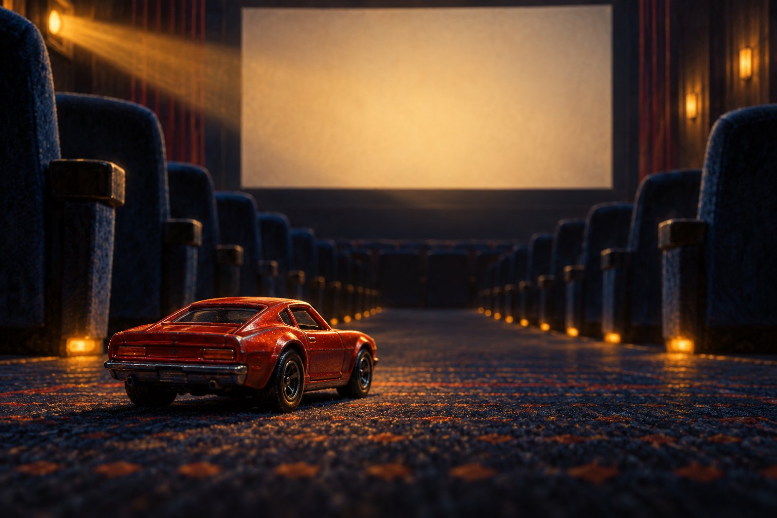 Conceptual illustration of a red toy car in an empty movie theater facing a glowing blank screen.