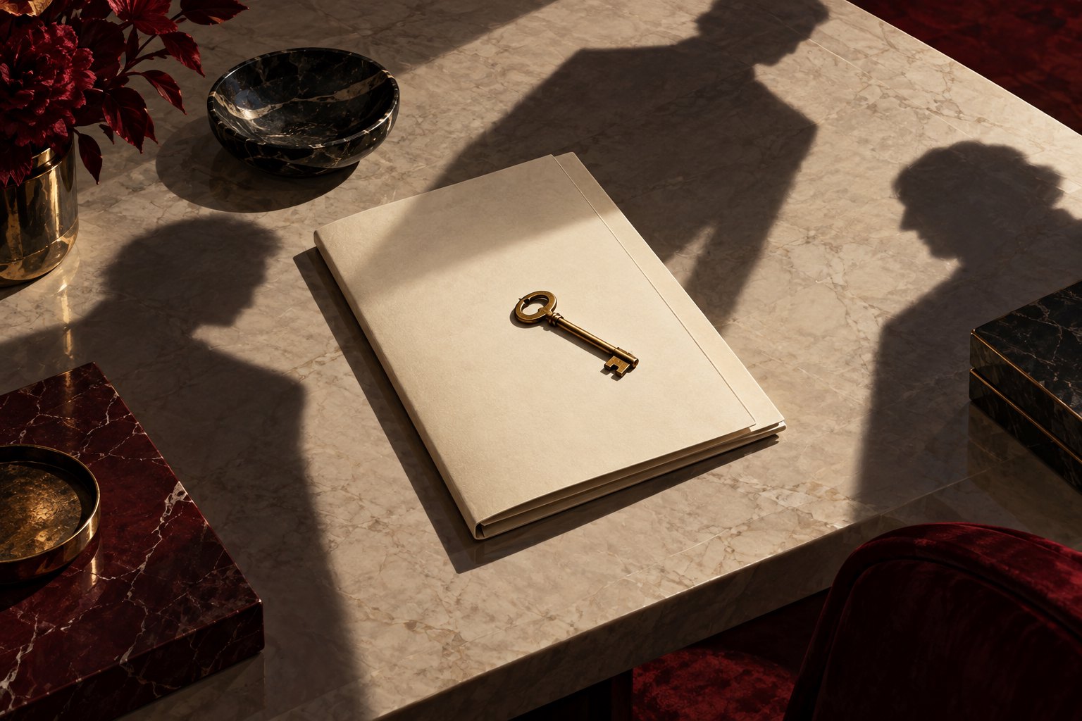 Concept illustration of a brass key resting on an unmarked folder beneath three human shadows.