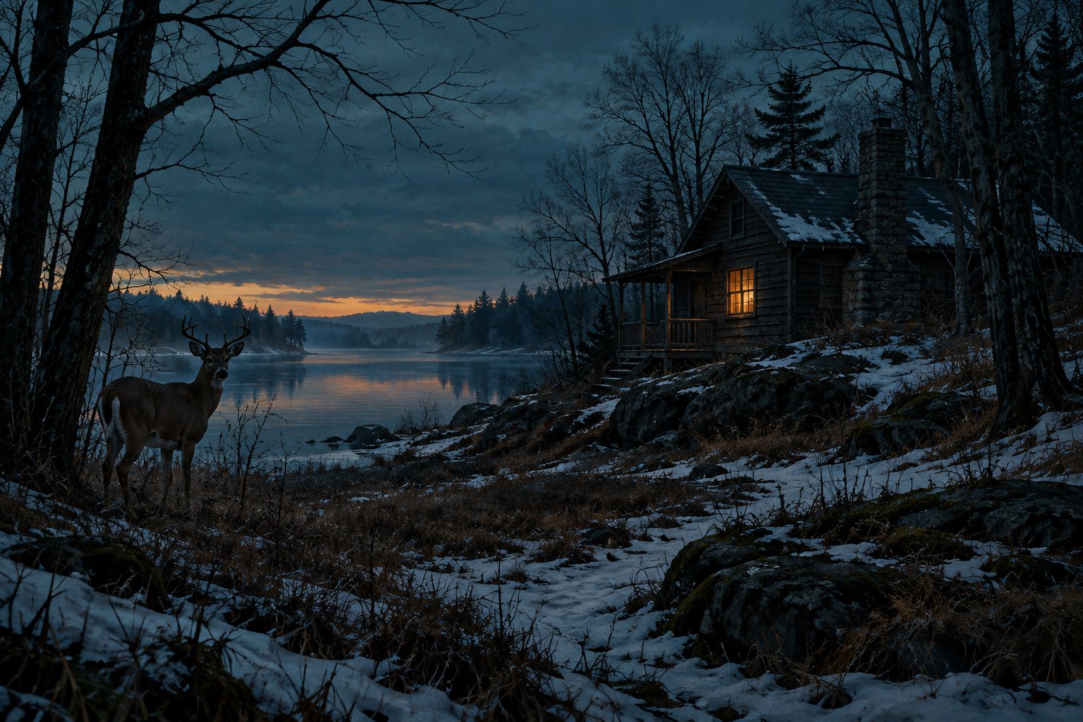 Original illustration of a deer beside a snow-dusted Wisconsin lake and a secluded cabin glowing at dusk.
