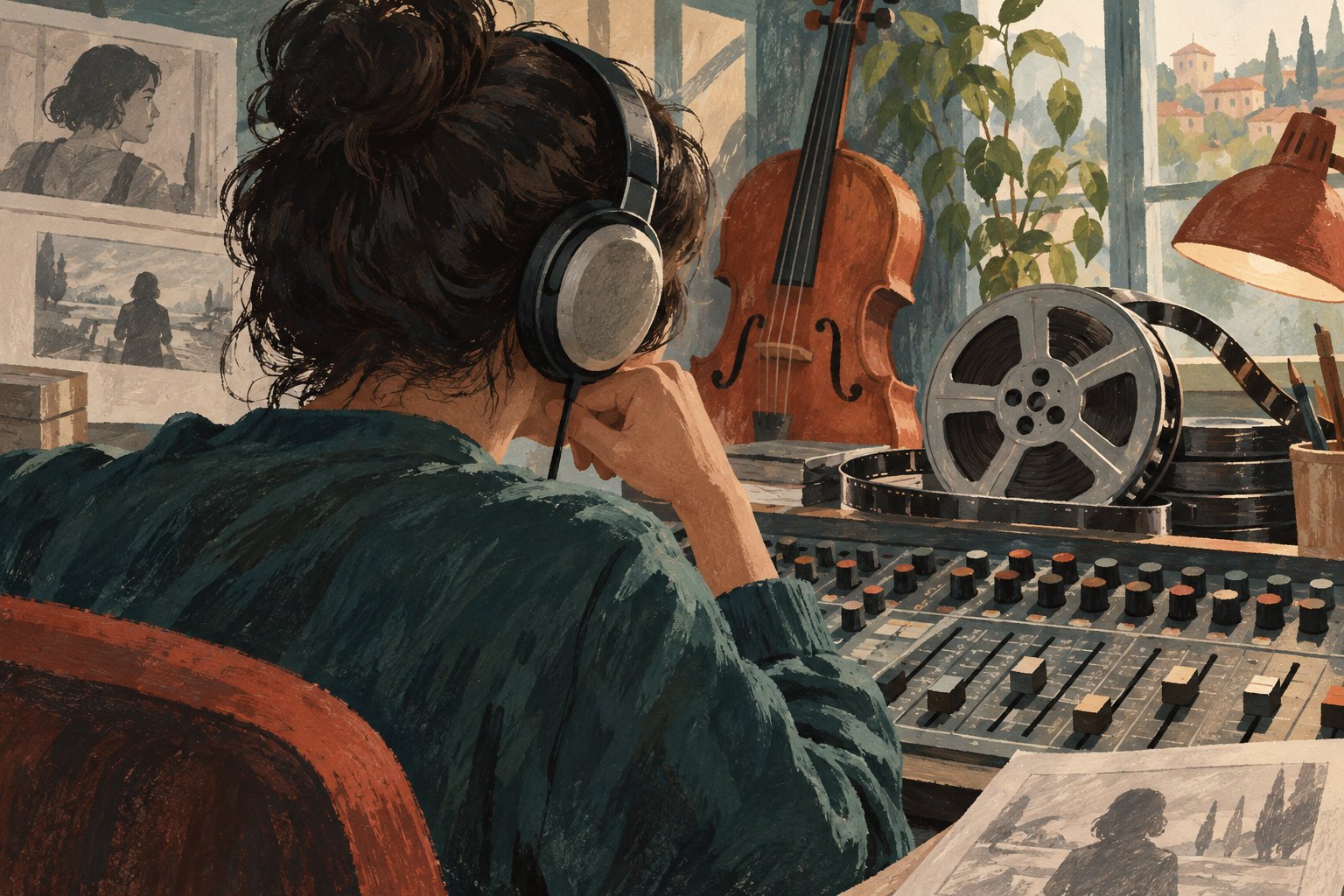 Conceptual illustration of a listener wearing headphones at a mixing console beside film reels and a cello.
