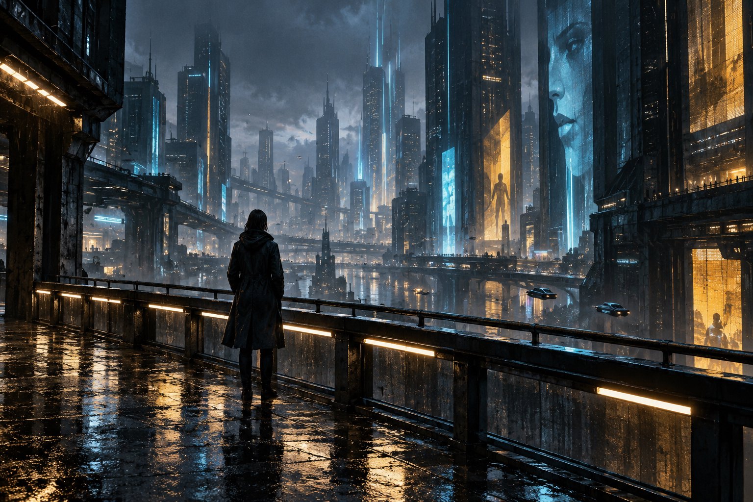 Concept illustration of a lone figure overlooking a rain-soaked futuristic metropolis illuminated by blue and amber lights.