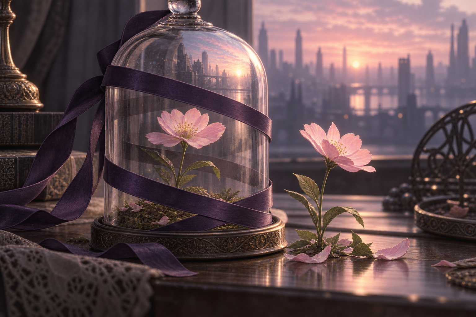 A pink flower stands beneath a glass dome wrapped in violet ribbon beside an uncovered bloom at dawn.