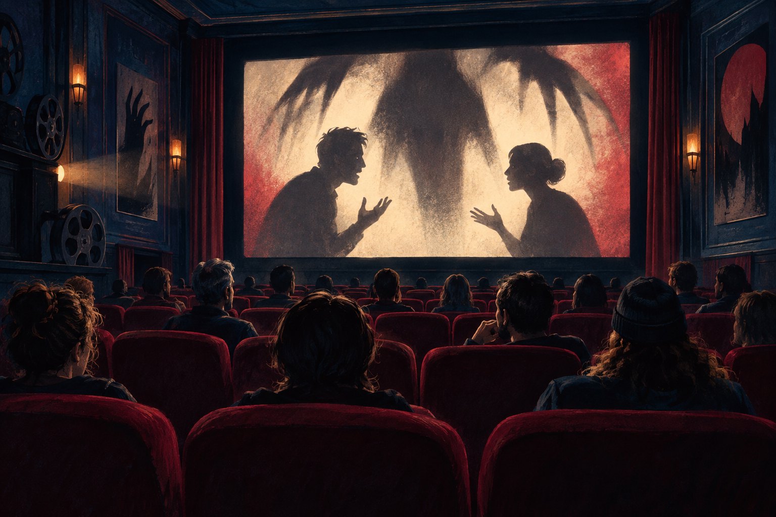 Illustration of a cinema audience watching two silhouetted figures beneath a looming shadow on the screen.