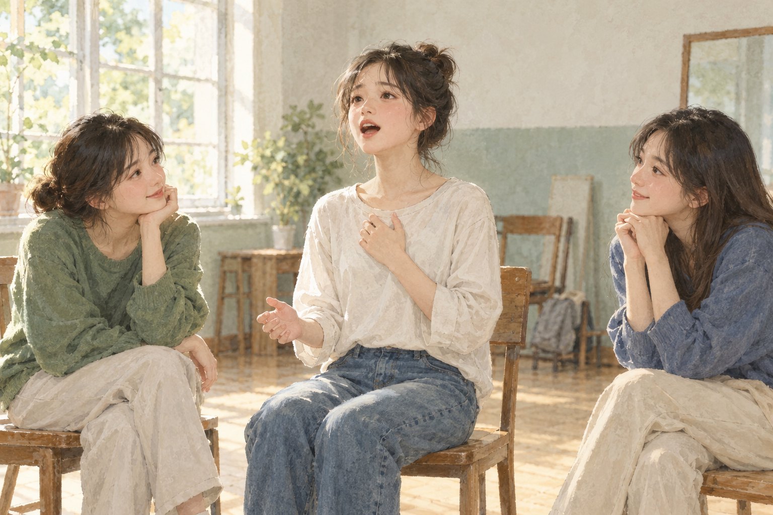 日光洒进排练室,一位女孩开口歌唱,两位同伴专注倾听的原创概念插画,非影片剧照