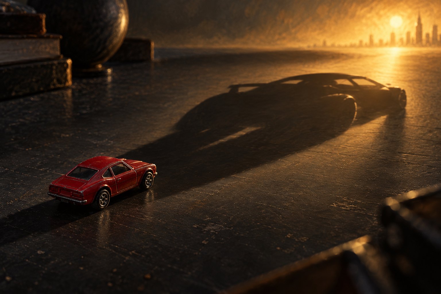 Conceptual illustration of a red toy car casting an oversized sports-car shadow across a dark tabletop.
