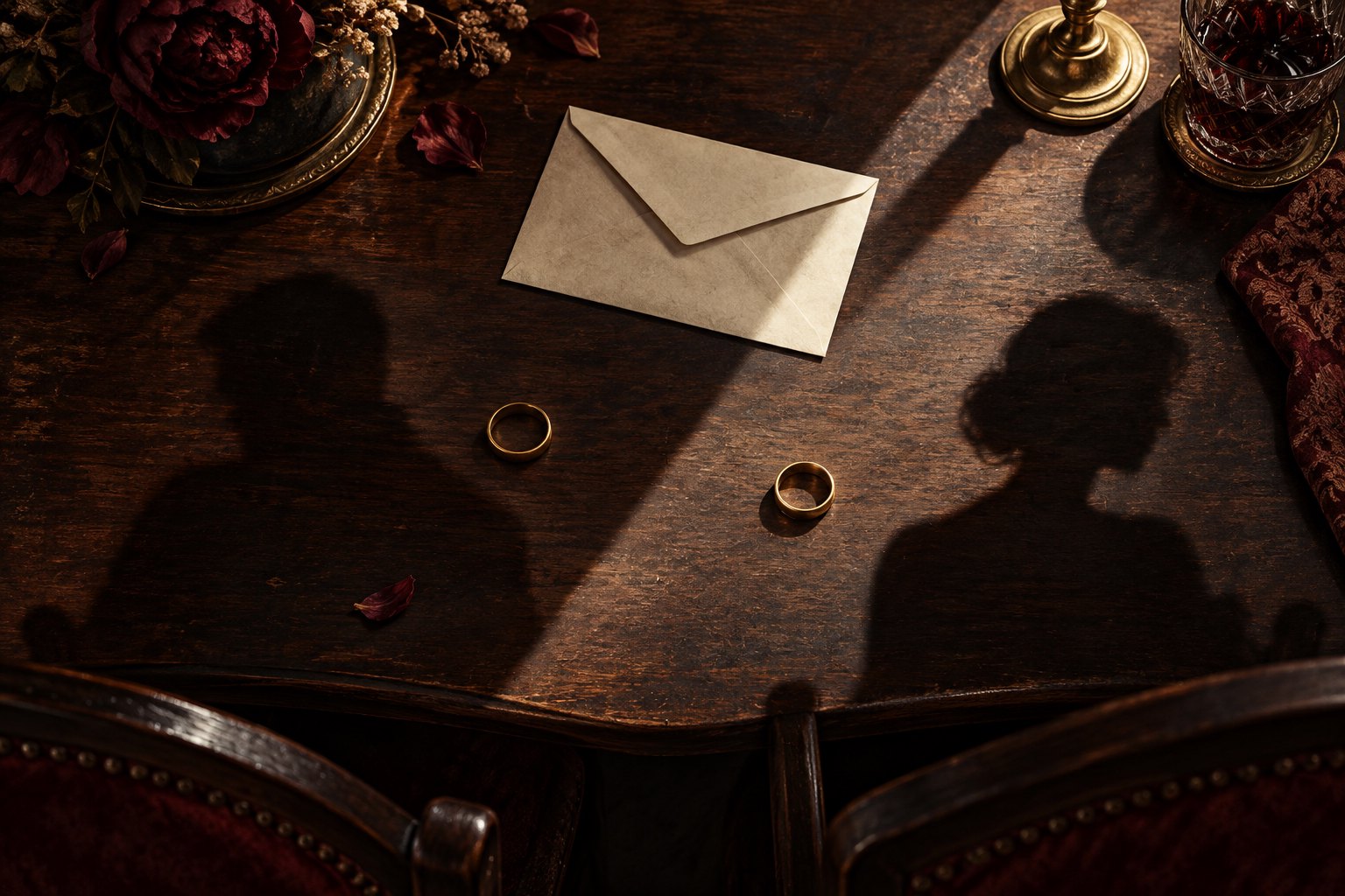 Conceptual illustration of two wedding rings and a sealed envelope on a wooden table crossed by light and human shadows.