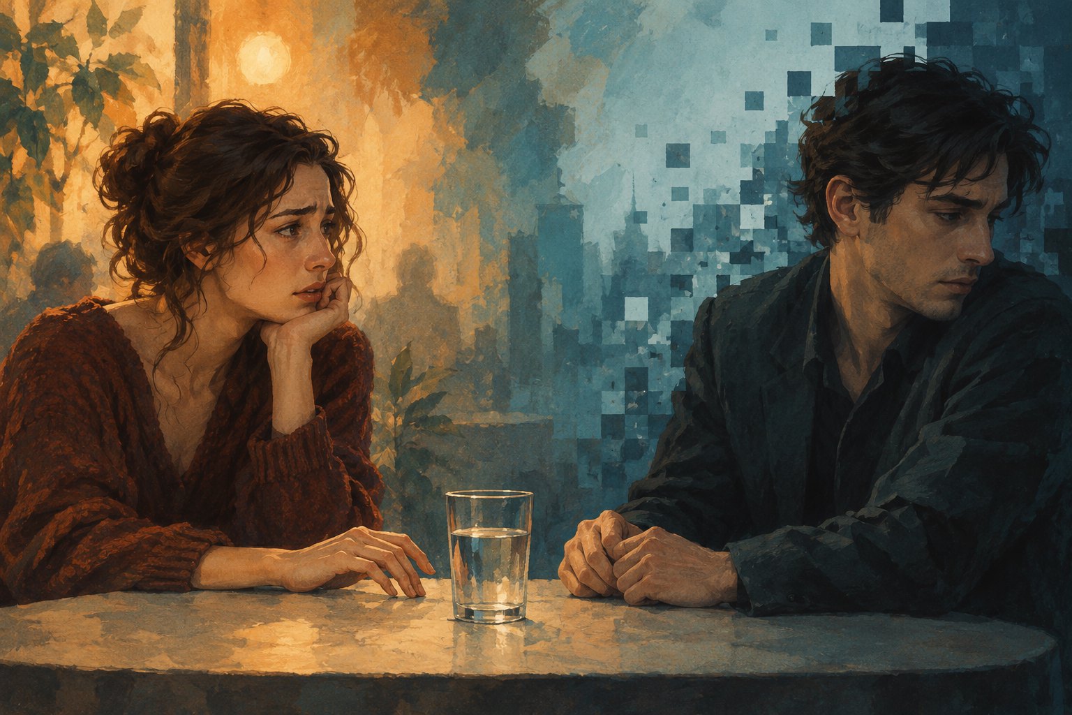 Conceptual illustration of two uneasy people at a cafe table, with warm brushwork giving way to cool geometric fragments.