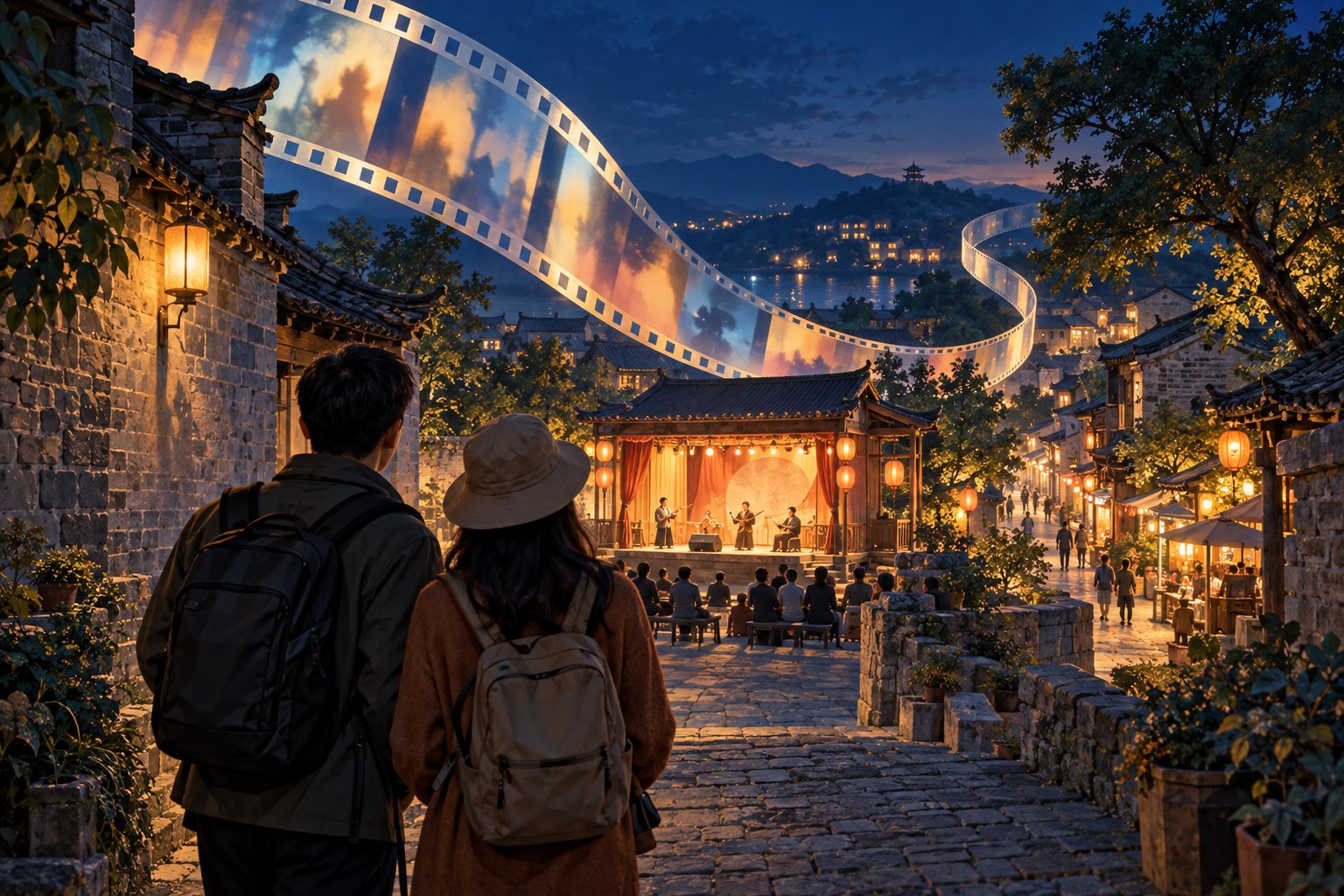 游客在灰砖街巷中观看暖光舞台,空中胶片连接银幕与旅行想象的概念插画