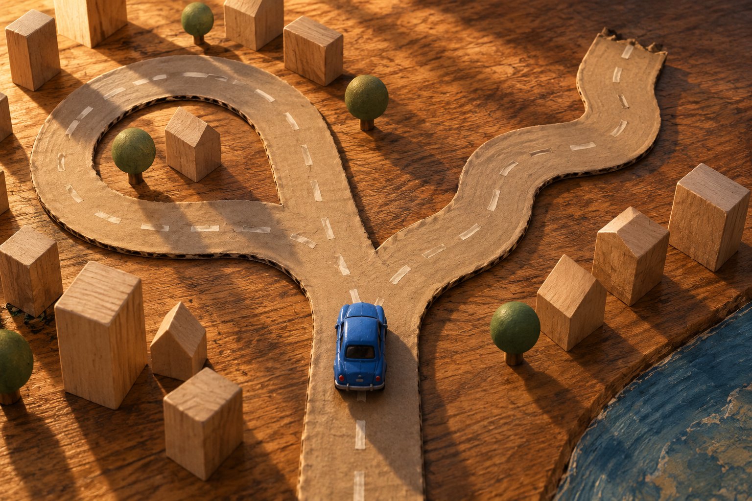 Conceptual illustration of a blue toy car approaching a fork in a cardboard road among wooden buildings.