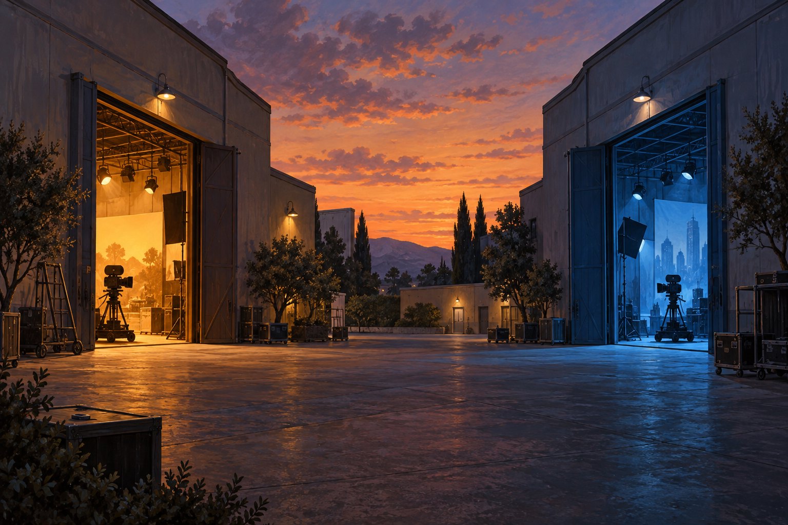 Illustration of two movie soundstages opening onto a shared courtyard at dusk, with amber and blue light illuminating separate cameras.