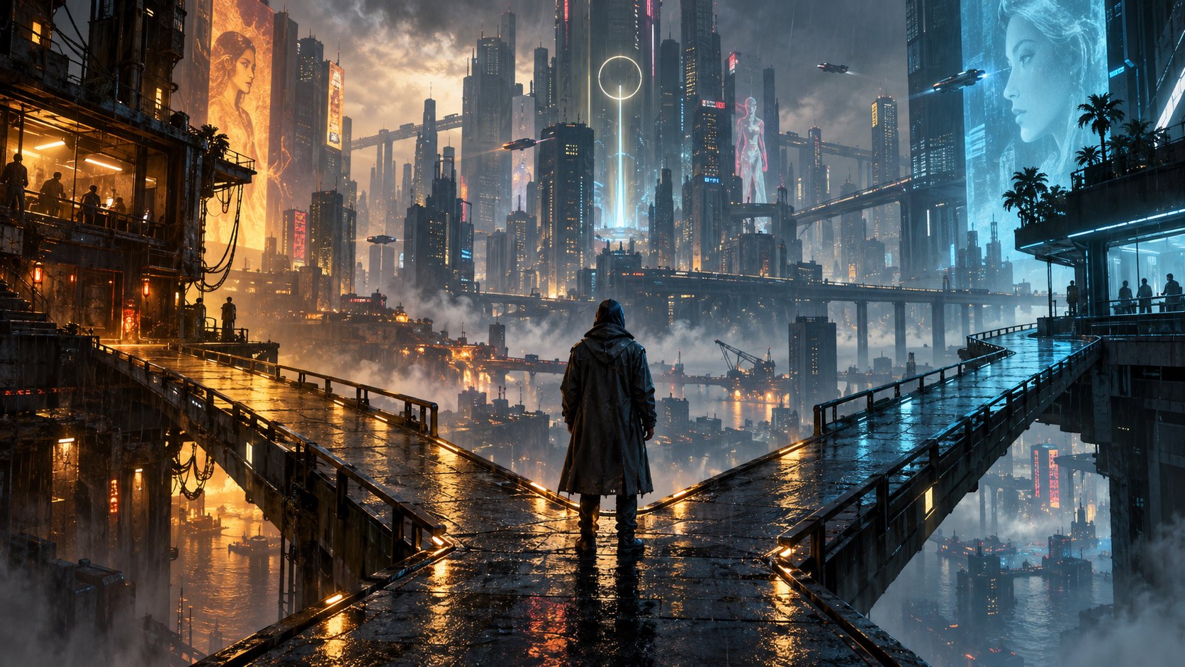 原創概念插畫：穿雨衣的人站在未來城市的分岔高架步道前，仰望冷暖燈光交錯的高樓，非電影劇照。