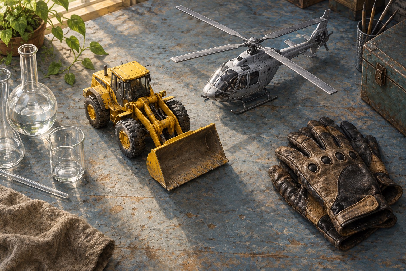 Concept illustration of a miniature construction loader and helicopter beside chemistry glassware and worn driving gloves.