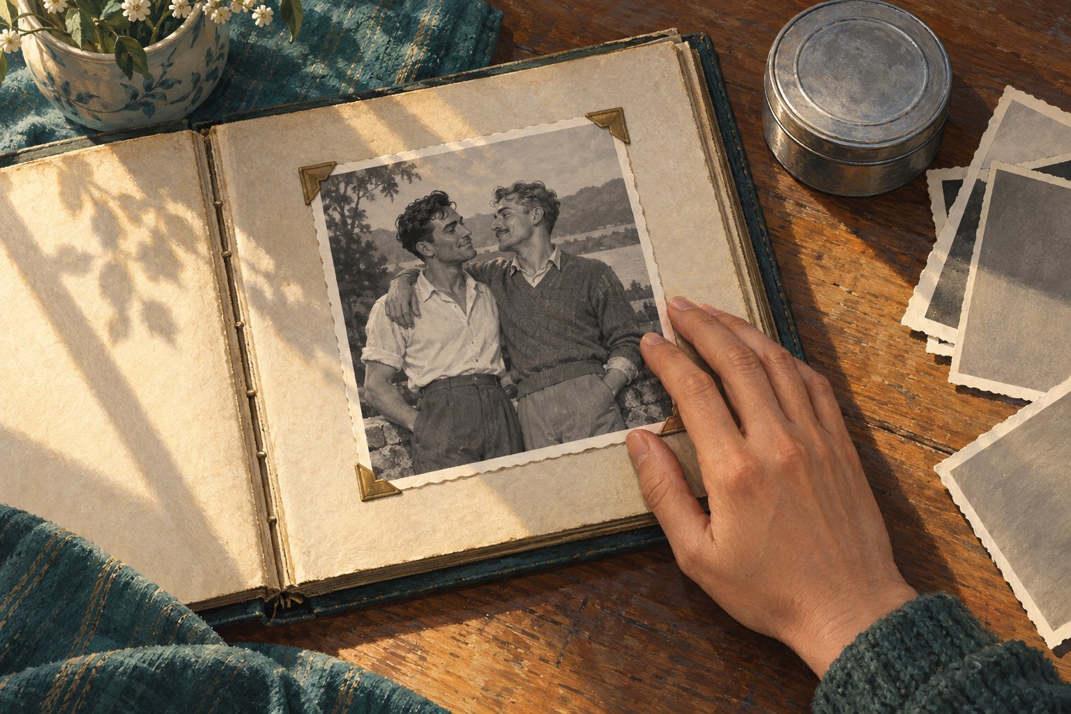 Painted illustration of a hand resting beside an album photograph of two men embracing, with loose photographs and a film canister nearby.