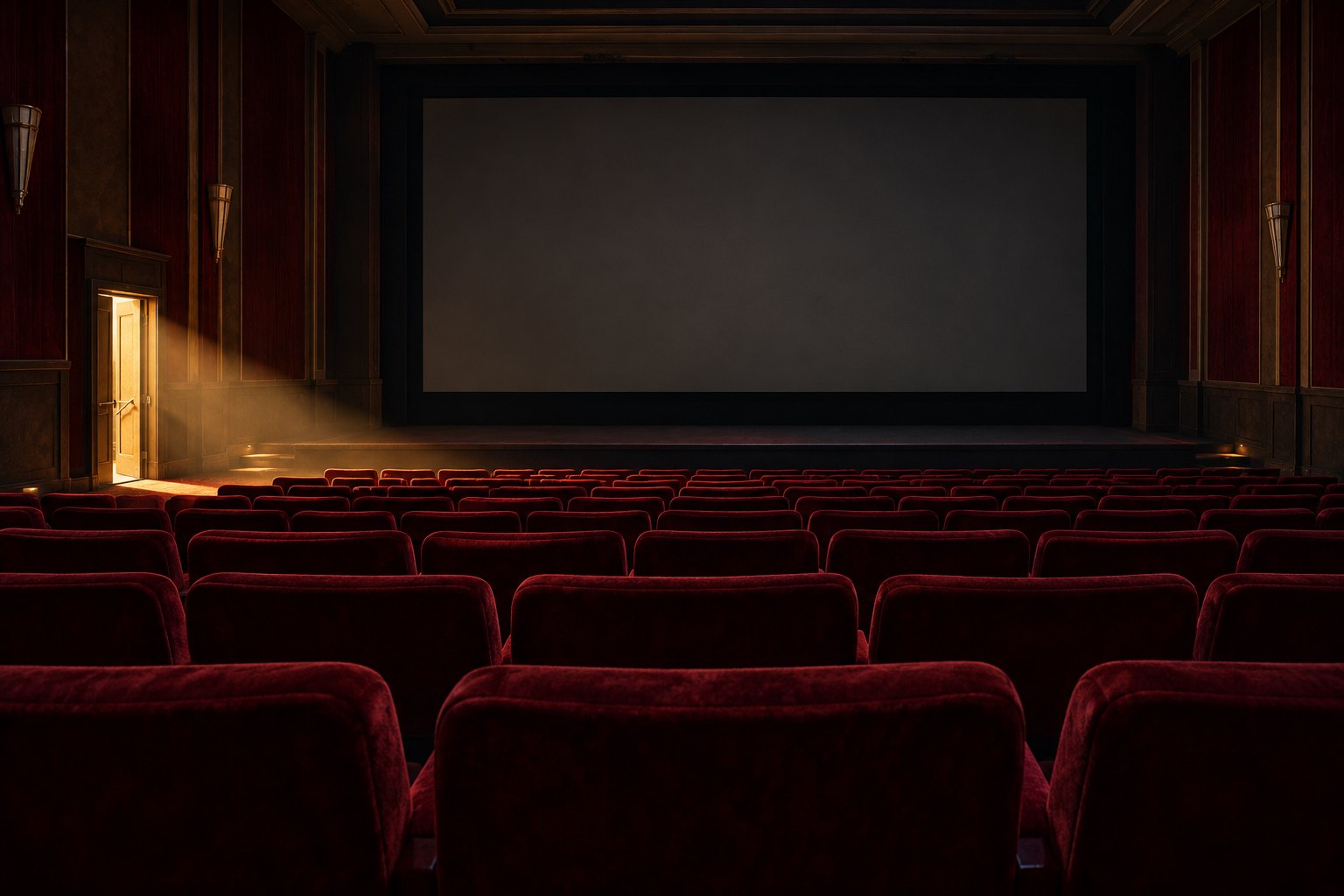 Conceptual illustration of an empty cinema with burgundy seats, a dark screen, and warm light entering through a side doorway.