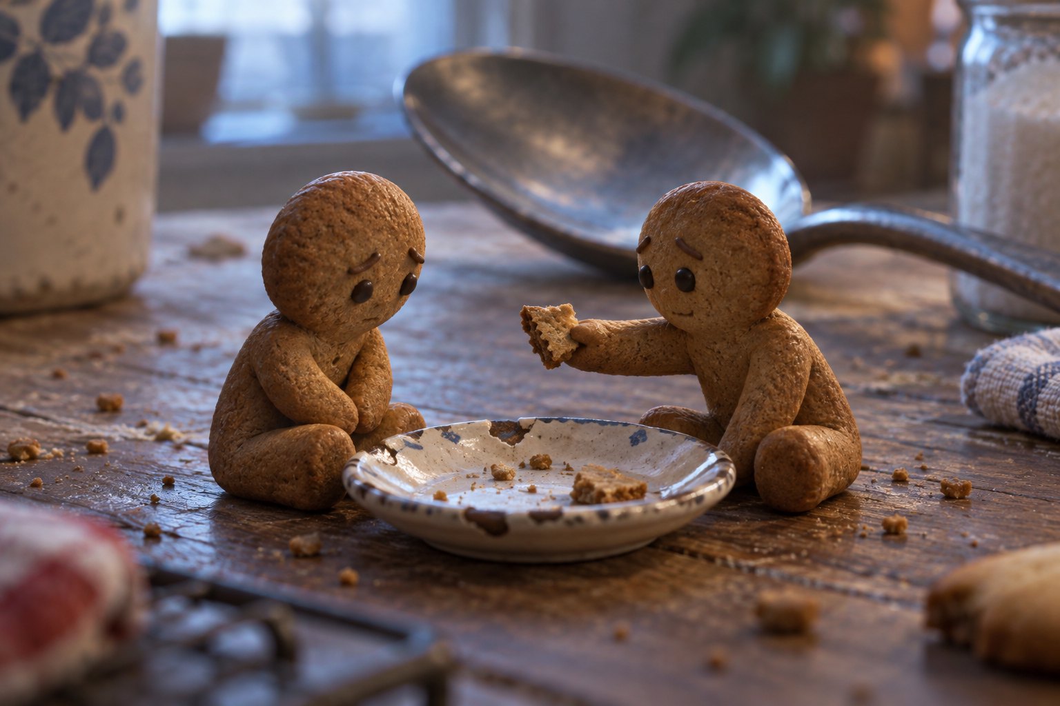 Conceptual illustration of two gingerbread figures beside a chipped saucer, with one offering a cookie piece and an oversized spoon behind them.