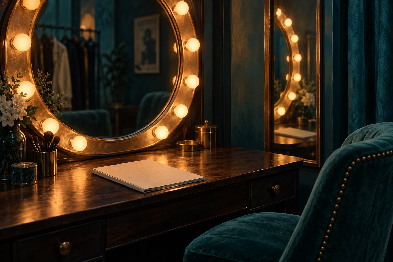 An illustrated dressing room with illuminated mirrors, an empty teal chair, and an unmarked script resting on a wooden vanity.