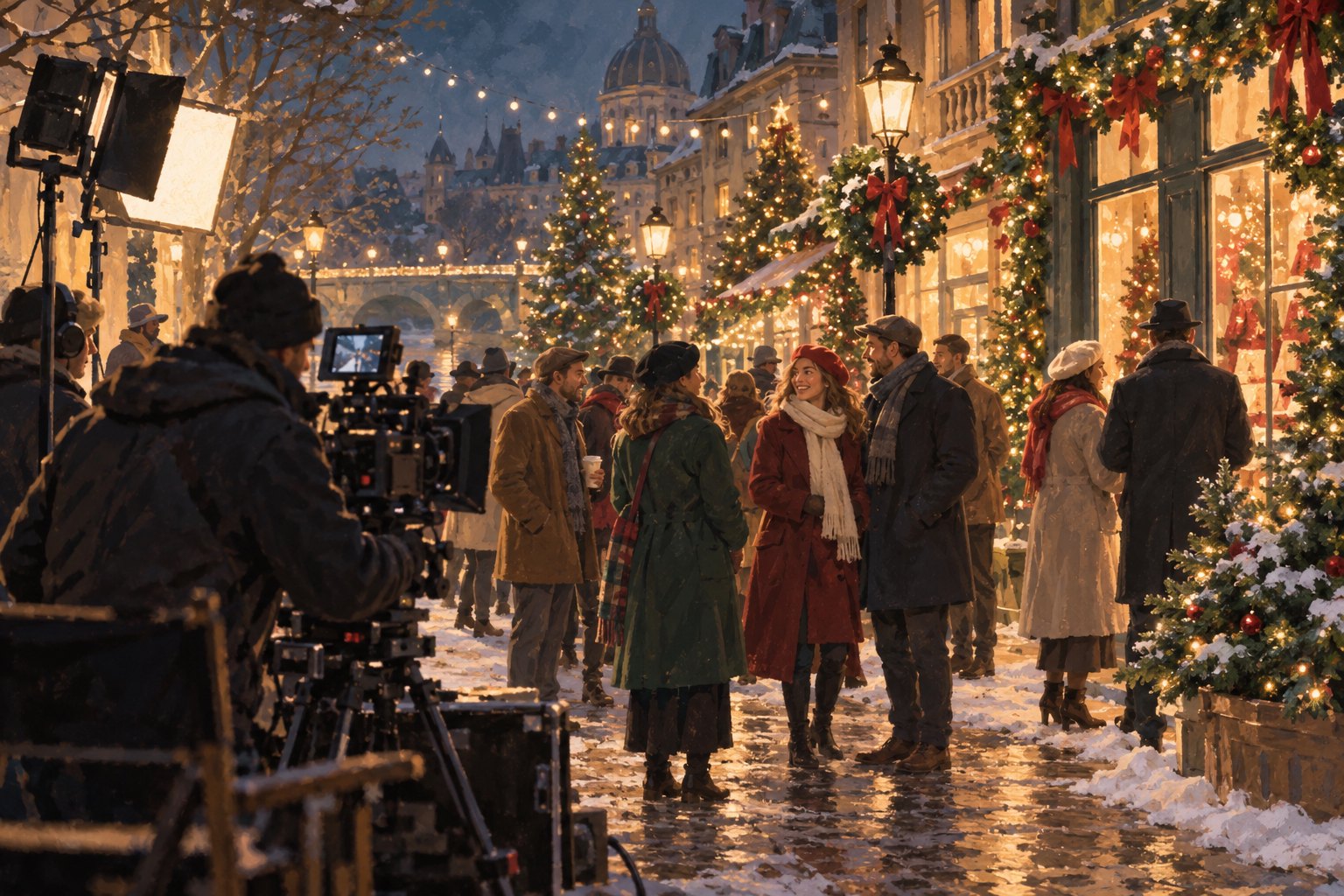 Editorial illustration of background performers and a film camera on a Christmas-decorated small-town street.