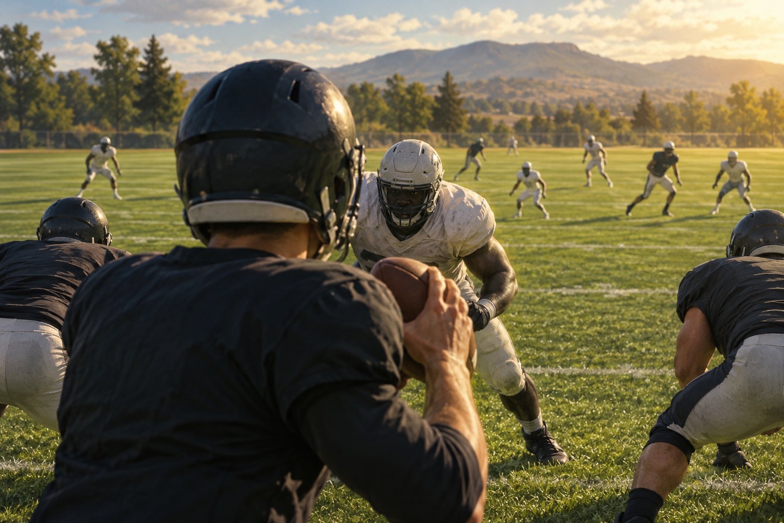Conceptual field-level illustration of a quarterback facing an approaching defender, with other players spread across the field.